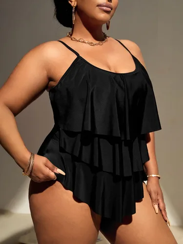 Vista 3 de WDIRARA Traje de baño de una pieza con dobladillo con volantes en capas para mujer, talla grande