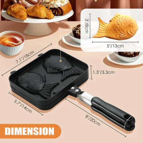 Vista 2 de MAOPINER Taiyaki - Molde para hacer gofres con forma de pez, doble molde para hacer gofres para bricolaje Fish Shaped Pancake Pan for Homemade