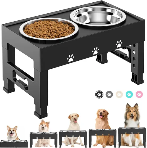 Vista 11 de LAKIPETN Tazones elevados para perros con 2 cuencos de acero inoxidable, soporte elevado para comida para perros, 5 alturas ajustables