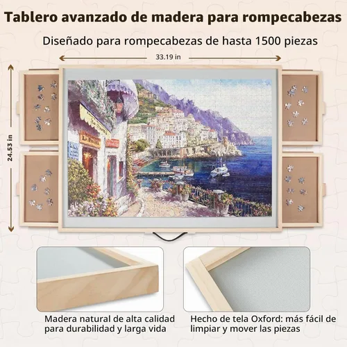 Vista 2 de ALL4JIG 1500 piezas 2 en 1 tabla de rompecabezas inclinable y giratoria para adultos, mesa de rompecabezas de madera de 24.53 x 33.19 pulgadas con 4