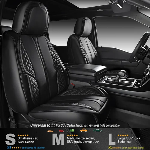 Vista 2 de CAR PASS Juego completo de fundas de asiento de automóvil de piel de napa para automóvil, protector de asiento de lujo para automóviles, Negro