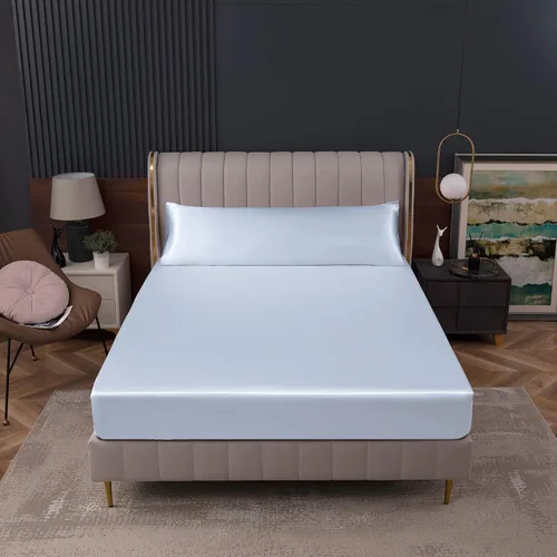 Vista 8 de Homiest Sábana bajera ajustable de satén azul bebé, tamaño individual, bolsillo profundo, ropa de cama lujosa y ultrasuave