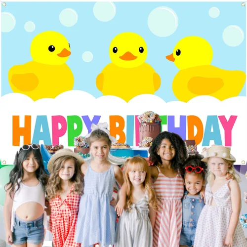Vista 2 de Lindo cartel de dibujos animados de pequeño pato amarillo feliz cumpleaños revelación de género pato pato pato niños fiesta baby shower foto
