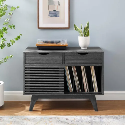 Vista 2 de Modway Render Mid-Century - Soporte para discos de vinilo de 37 pulgadas con cajones en color carbón