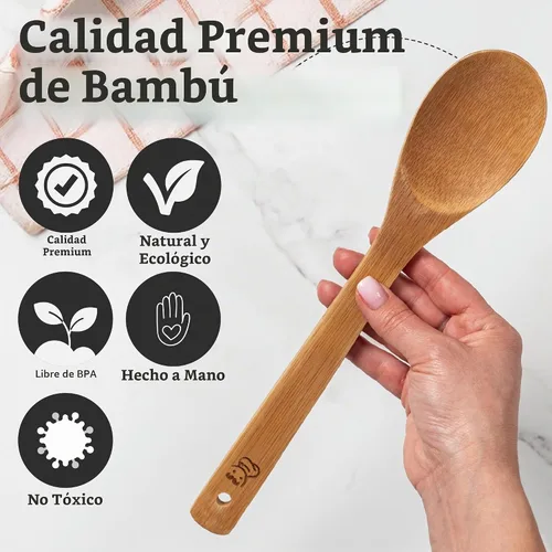 Vista 4 de PriorityChef Cucharas de Madera para Cocinar, 6 Piezas de Utensilios de Cocina de Bambú Antiarañazos, Juego de Utensilios de Madera No Tóxicos