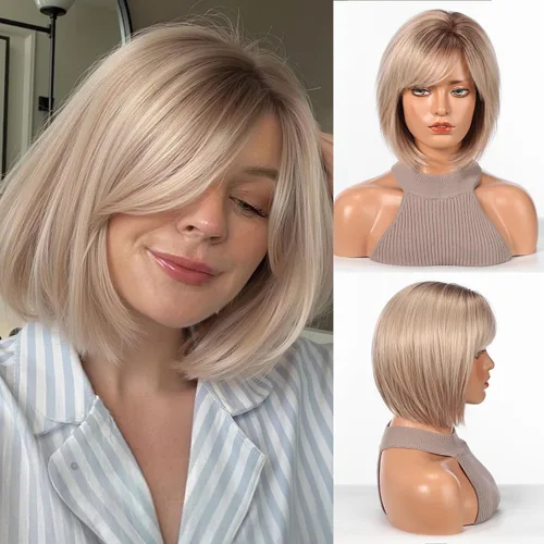Vista 12 de HAIRCUBE Pelucas estilo Bob hasta el hombro para mujer con raya lateral