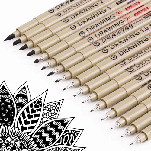 Vista 9 de Fineliner - Juego de 12 bolígrafos negros, bolígrafos de dibujo técnico para artistas, bolígrafos de caligrafía sin sangrado, pincel de tinta