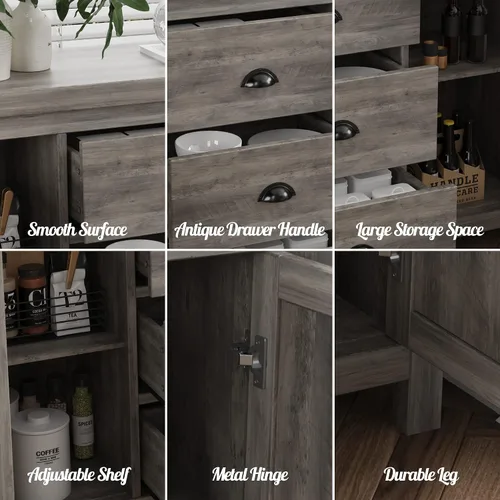 Vista 6 de Aparador de cocina con estructura de madera resistente, 3 cajones y 2 puertas con amplio espacio de almacenamiento en gris