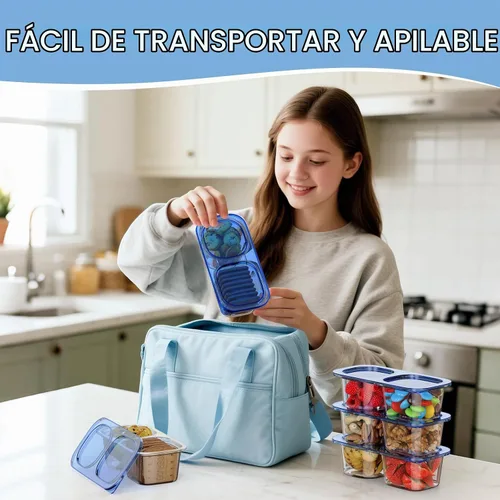 Vista 4 de Paquete de 10 recipientes reutilizables para aperitivos con tapas, 2 compartimentos, caja pequeña de aperitivos Bento, sin BPA, accesorios