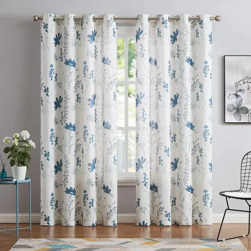 Vista 17 de July Joy Cenefa de Cocina Estampada con Textura de Lino de 18 Pulgadas Diseño Floral de Hojas Estilo Casa de Campo Juego de Paneles de Cortina