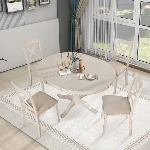 Vista 16 de P PURLOVE Juego de mesa de comedor extensible para 4 personas, mesa redonda de 5 piezas con 4 sillas para cocina y comedor Lavado de madera