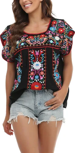 Vista 3 de YZXDORWJ Blusa de verano para mujer, estilo bohemio, estilo mexicano, con bordado, estilo bohemio