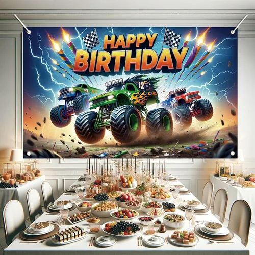 Vista 4 de Fondo de cumpleaños de Monster Truck, 70.8 x 43.3 pulgadas, poliéster, multicolor, cumpleaños, incluye telón de fondo con temática de camión