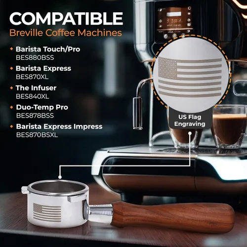 Vista 2 de Portafiltro sin fondo de 2.126 in compatible con Breville de 2.126 in con grabado único de la bandera de Estados Unidos, enriquece tu café espresso