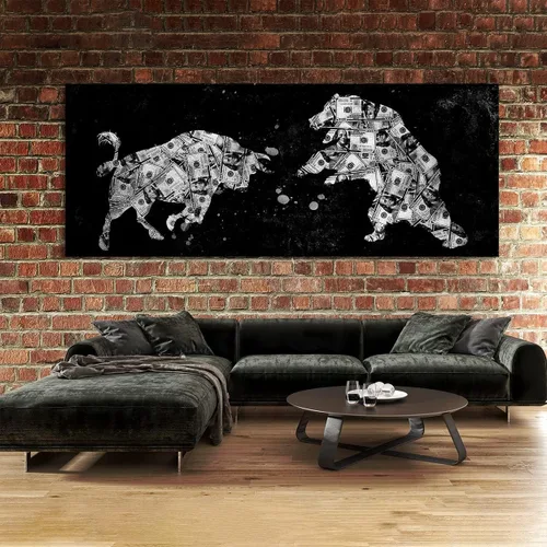 Vista 3 de Sense Canvas Bull vs Bear Money Small 20 x 8 / 0.75 pulgadas - Stock Market Bull vs Bear Financial Wall Street Office Entrepreneur Decor Wall Art