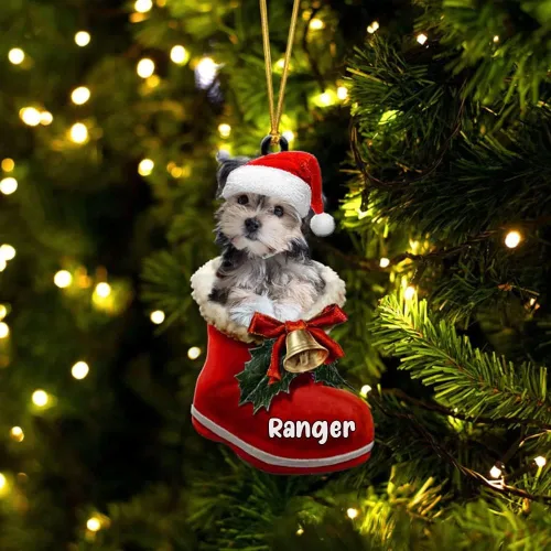 Vista 65 de Amantes de los perros de Navidad – Akita Inu Dog in Santa Boot Adorno de Navidad, adorno personalizado en forma 2D, adorno de Navidad, personaliza