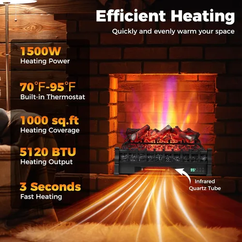Vista 5 de ORALNER Inserto de Chimenea Eléctrica WiFi de 26", Calentador de Troncos, Cuarzo Infrarrojo con Sonido Crepitante, Control Remoto, Temporizador 8H