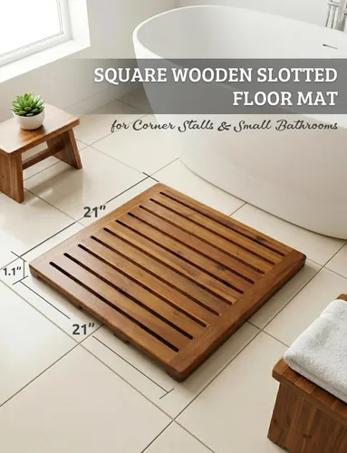 Vista 3 de Alfombra de ducha de madera de acacia 21x21 pulgadas de Demigo, lujosa alfombra de baño antideslizante para baño, bañera, ducha, spa, jardín, hogar