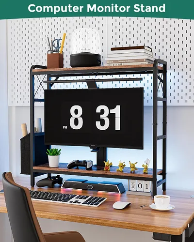 Vista 4 de Estantes de escritorio, soporte para monitor con estantes ajustables y bolsillos laterales, organizador de estantería de escritorio de 2 niveles