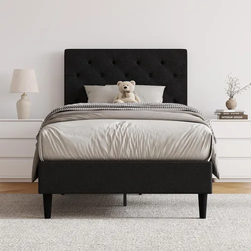 Vista 8 de HOMBCK Base de cama de tamaño individual con cabecera, base de cama tapizada con plataforma de lino para niños, base de cama de tamaño individual