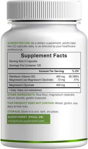 Vista 6 de DEAL SUPPLEMENT Vitamina B2 400 mg (Riboflavina) con glicinato de magnesio 400 mg, 240 Cápsulas – 2 en 1 apoya el sistema nervioso saludable