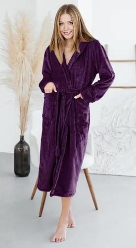 Vista 4 de NY Threads - Bata de baño de vellón para mujer con cuello tipo chal, bata larga y suave