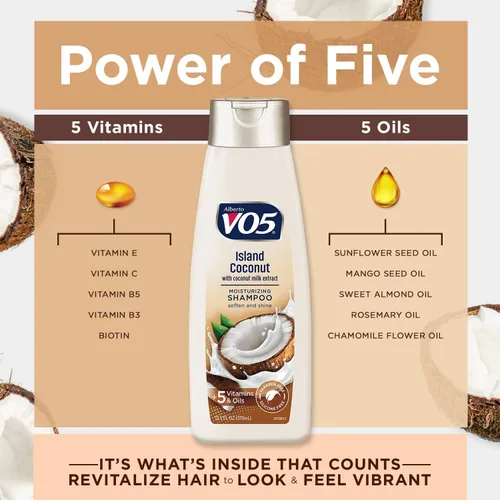 Vista 4 de VO5 Champú hidratante – 12.5 onzas líquidas – Cabello de hojas de coco de isla con aspecto vibrante y hermoso, color blanco