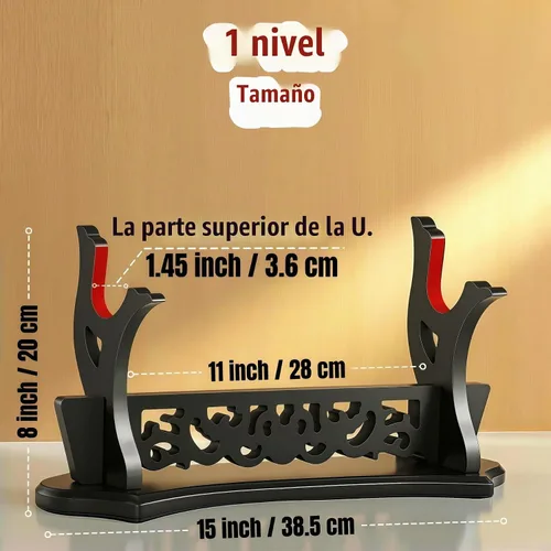 Vista 3 de Soporte de espada con patrón hueco, soporte de exhibición de varitas Katana, soporte de soporte de espada samurai (1 nivel)