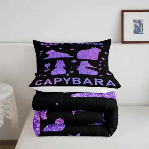 Vista 5 de Feelyou Juego de edredón de dibujos animados de Capybara, tamaño individual con 1 funda de almohada, juego de ropa de cama con estampado