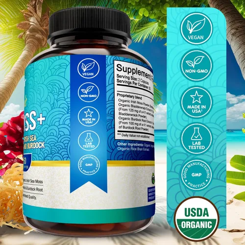 Vista 6 de NutriFlair Musgo marino orgánico de 1600 mg, 120 cápsulas más vejiga y bardana - Super alimento prebiótico - Sistema inmunológico y salud digestiva