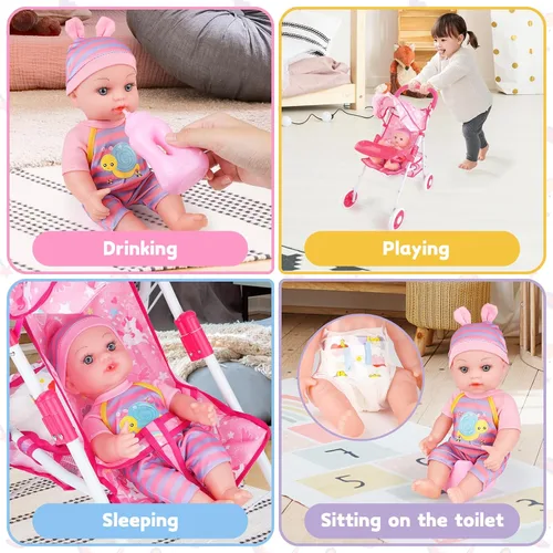 Vista 7 de deAO Juego de cochecito de muñeca de bebé de 12 pulgadas con cochecito de muñeca plegable, 15 piezas, accesorios para muñecas de bebé para niños