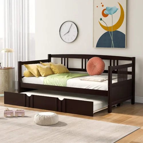 Vista 10 de Polibi Sofá cama de tamaño individual con dos cajones, marco de sofá cama de madera con rieles para sala de estar, dormitorio, color espresso