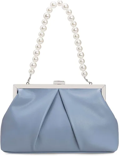 Vista 10 de CHARMING TAILOR Bolso de mano de piel sintética con marco de metal de PU fruncido, bolsa de noche formal con perla