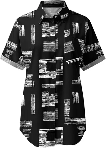 Vista 7 de Blusas elegantes para mujer, de verano 2022, casuales, de manga corta, ajuste holgado, con botones, con estampado de lunares, cuello en V