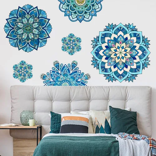 Vista 3 de SUPERDANT Decoración de pared de mandala azul, calcomanía de pared de vinilo con patrón de mandala bohemio, decoración del hogar, calcomanías