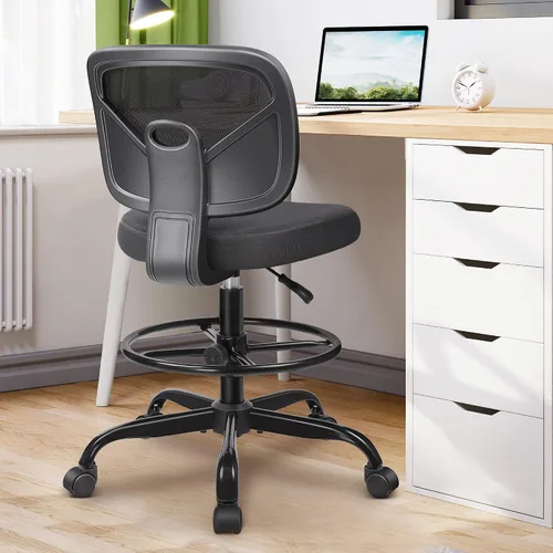 Vista 2 de Primy Silla Alta de Escritorio de Dibujo - Sin Brazos, Altura Ajustable, Respaldo de Malla, con Ruedas, Silla de Escritorio de Pie para Sala de Negro
