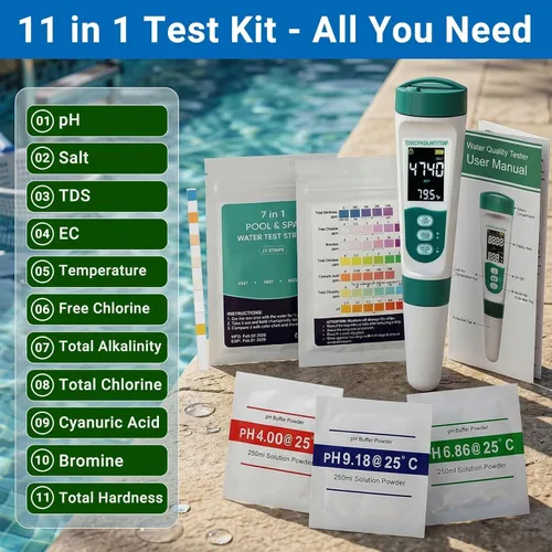 Vista 2 de Kit de probador digital de agua para piscina 11 en 1 que incluye probador de sal 5 en 1 para piscina de agua salada y tiras de prueba de piscina 7