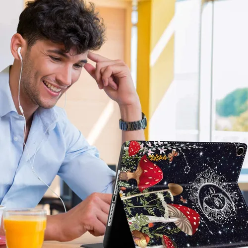 Vista 6 de Funda para iPad de 10.2 pulgadas, funda de pie con encendido/apagado automático, hongo, bohemio, floral, sol, luna, galaxia, cielo estrellado Funda