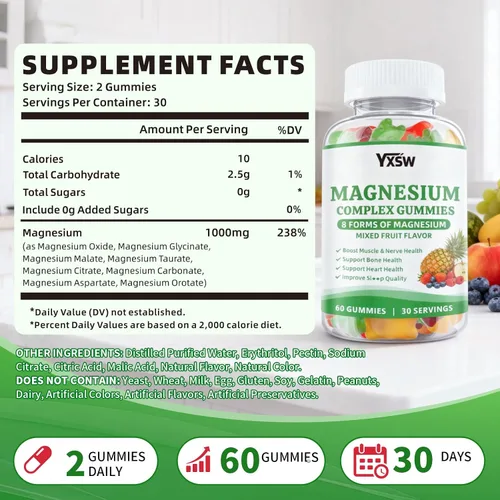 Vista 2 de Gomitas de complejo de magnesio 8 elementales de 1000 mg – glicinato de magnesio, citrato, malato, taurato, apoya los huesos, los músculos, la salud