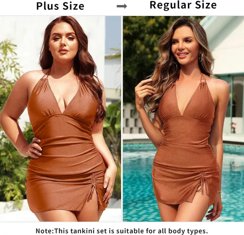 Vista 2 de SuperPrity Women 3 Piece Tankini Swimsuits Halter Tummy Control Bathing Suits with Bikini Bottom Skirt(Available in Plus)