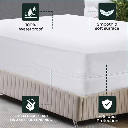 Vista 2 de Feather & Stitch - Protector de colchón de alta calidad, funda de colchón con cremallera, 100% impermeable, de punto de poliéster, absorbente, funda
