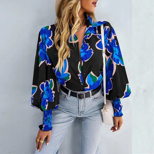 Vista 4 de AELSON Blusa de manga larga con cuello en V y estampado floral para mujer, estilo bohemio, con botones