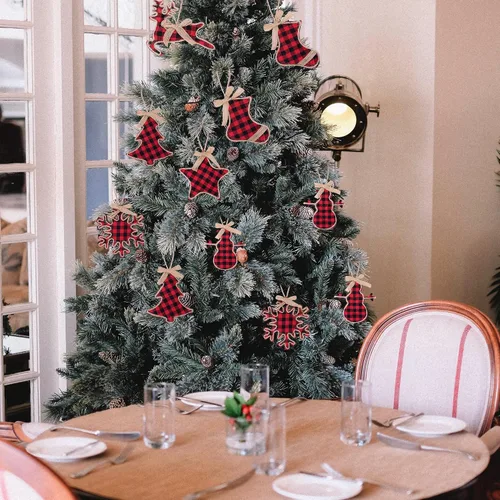 Vista 4 de Watayo 12 adornos colgantes de Navidad a cuadros negros y rojos, adornos colgantes de arpillera a cuadros de búfalo negro y rojo, decoración