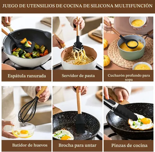 Vista 3 de Umite Chef Juego de utensilios de cocina, 33 piezas de espátulas de cocina de silicona antiadherentes con soporte, mango de madera juego de Negro