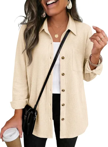 Vista 12 de Zeagoo Camisa de punto gofre para mujer, con botones, manga larga, con 01-albaricoque