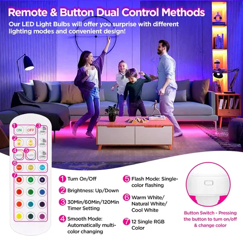 Vista 4 de Yochoice Bombilla de luz recargable con batería operada con control remoto E12, bombilla LED regulable con 15 colores seleccionables y 3