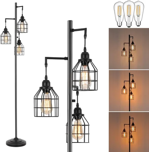 Vista 12 de 9MMML Lámpara de pie dorada regulable, lámpara de pie alta industrial dorada para sala de estar, dormitorio, oficina, pantalla de 3 jaulas