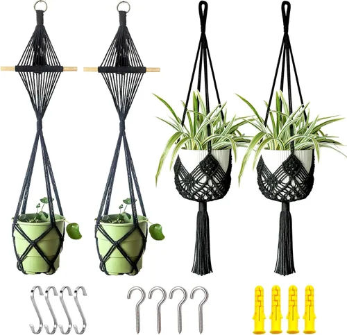 Vista 8 de Maceta Colgante con Patrones, Juego de 4 Colgadores de Macramé para Plantas de Interior, para Macetas de hasta 8 Pulgadas, Soporte de Ganchillo Boho