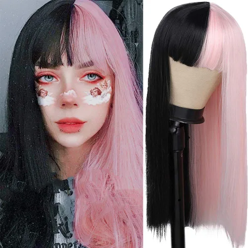 Vista 24 de Kaneles Peluca rizada de color rojo degradado, pelucas de cabello largo ondulado para mujer, pelucas de fibra sintética negra y roja para fiesta