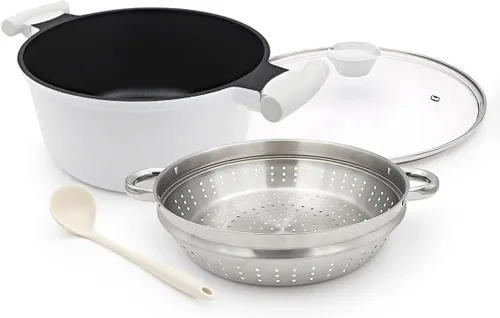Vista 9 de Olla de vapor de 7 cuartos de galón para cocinar, olla grande con tapa, olla antiadherente con cesta de vapor de verduras y albóndigas, utensilios